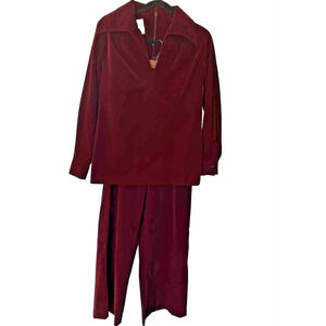 Vintage 70s Roxbury Velvet Suit S Maroon Wide Leg Dagger Collar 26” Waist Small